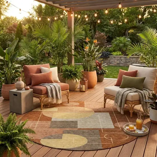 8' Orange And Copper Round Geometric Washable Indoor Outdoor Area Rug Photo 1
