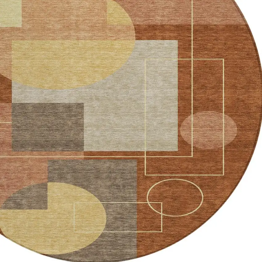 8' Orange And Copper Round Geometric Washable Indoor Outdoor Area Rug Photo 3