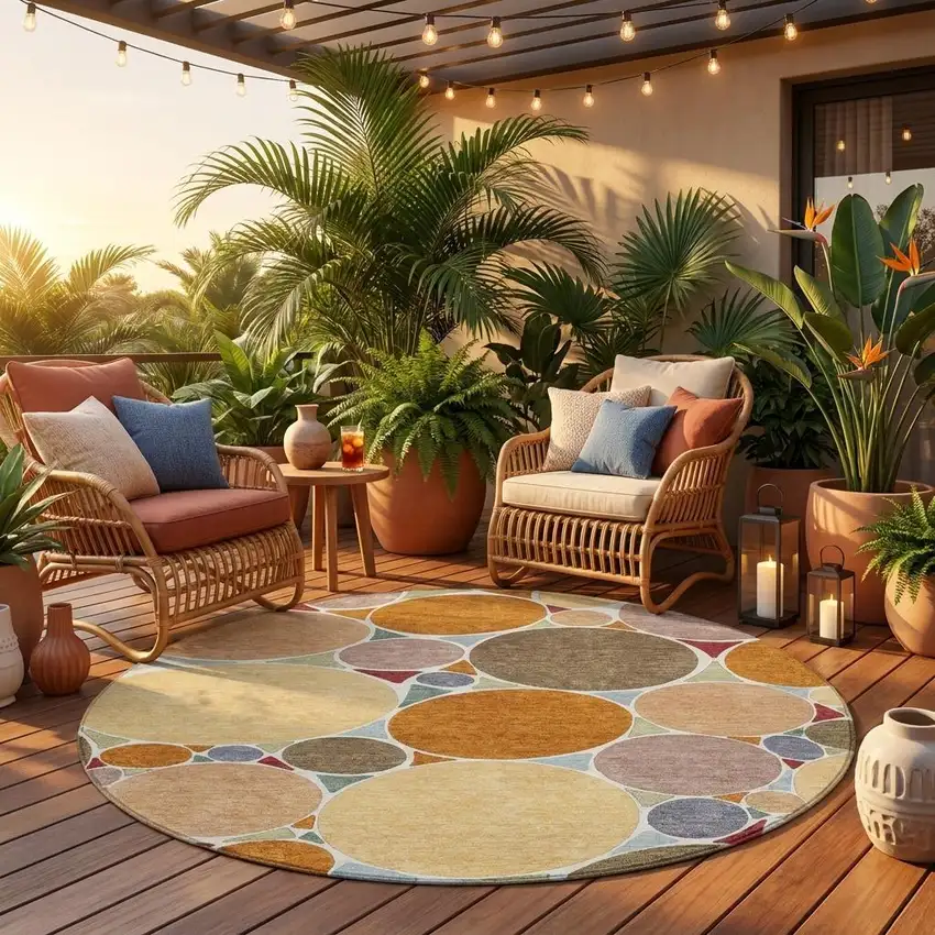 8' Orange And Copper Round Geometric Washable Indoor Outdoor Area Rug Photo 1