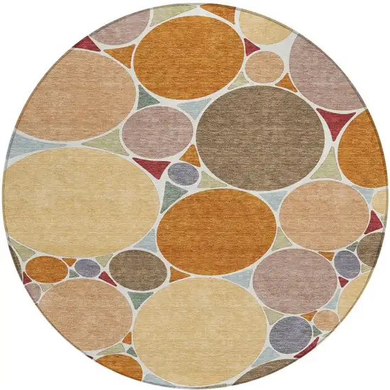8' Orange And Copper Round Geometric Washable Indoor Outdoor Area Rug Photo 4