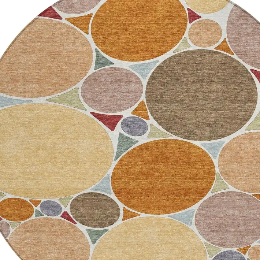 8' Orange And Copper Round Geometric Washable Indoor Outdoor Area Rug Photo 3