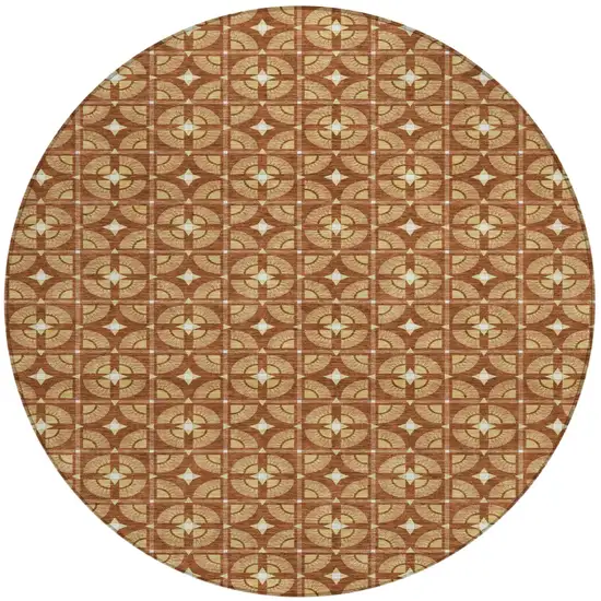 8' Orange And Copper Round Geometric Washable Indoor Outdoor Area Rug Photo 2
