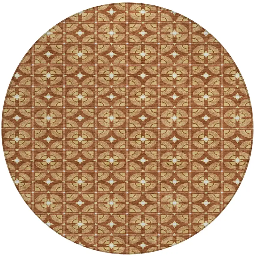 8' Orange And Copper Round Geometric Washable Indoor Outdoor Area Rug Photo 2