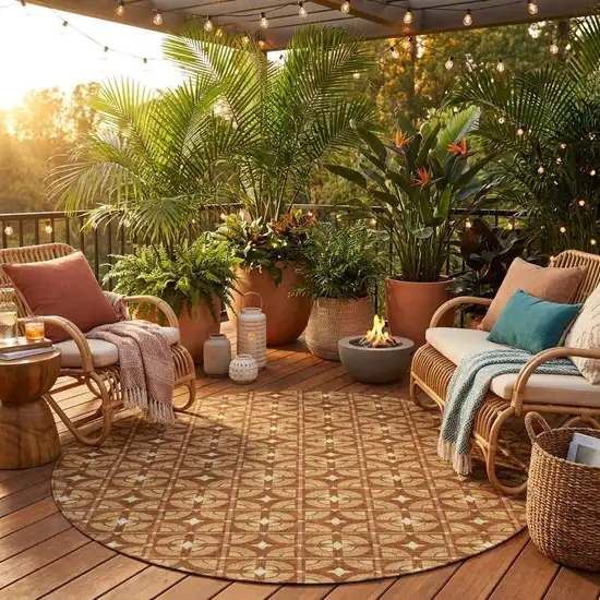 8' Orange And Copper Round Geometric Washable Indoor Outdoor Area Rug Photo 1