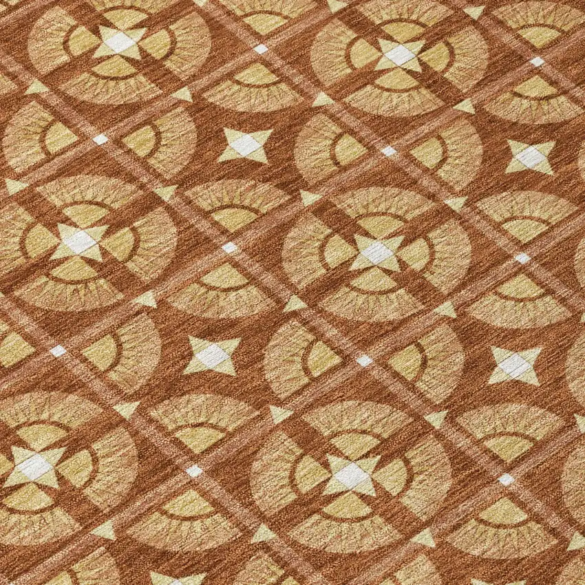8' Orange And Copper Round Geometric Washable Indoor Outdoor Area Rug Photo 6