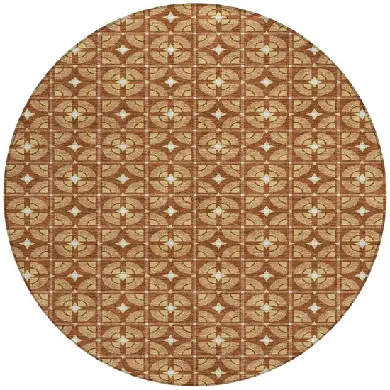 8' Orange And Copper Round Geometric Washable Indoor Outdoor Area Rug Photo 4