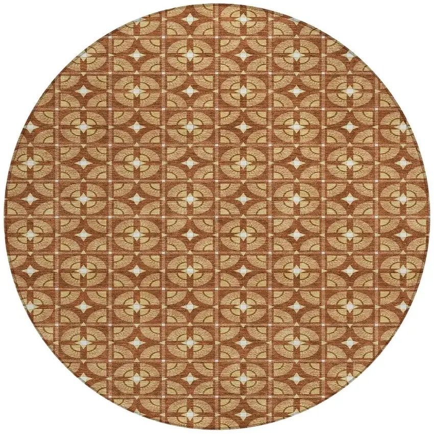 8' Orange And Copper Round Geometric Washable Indoor Outdoor Area Rug Photo 4