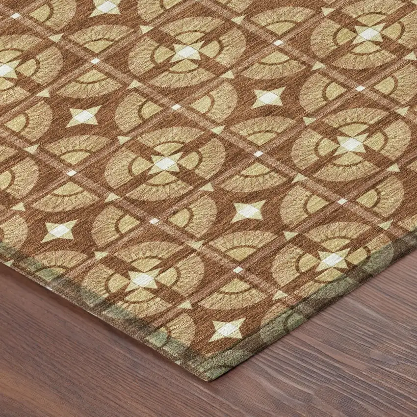 8' Orange And Copper Round Geometric Washable Indoor Outdoor Area Rug Photo 5