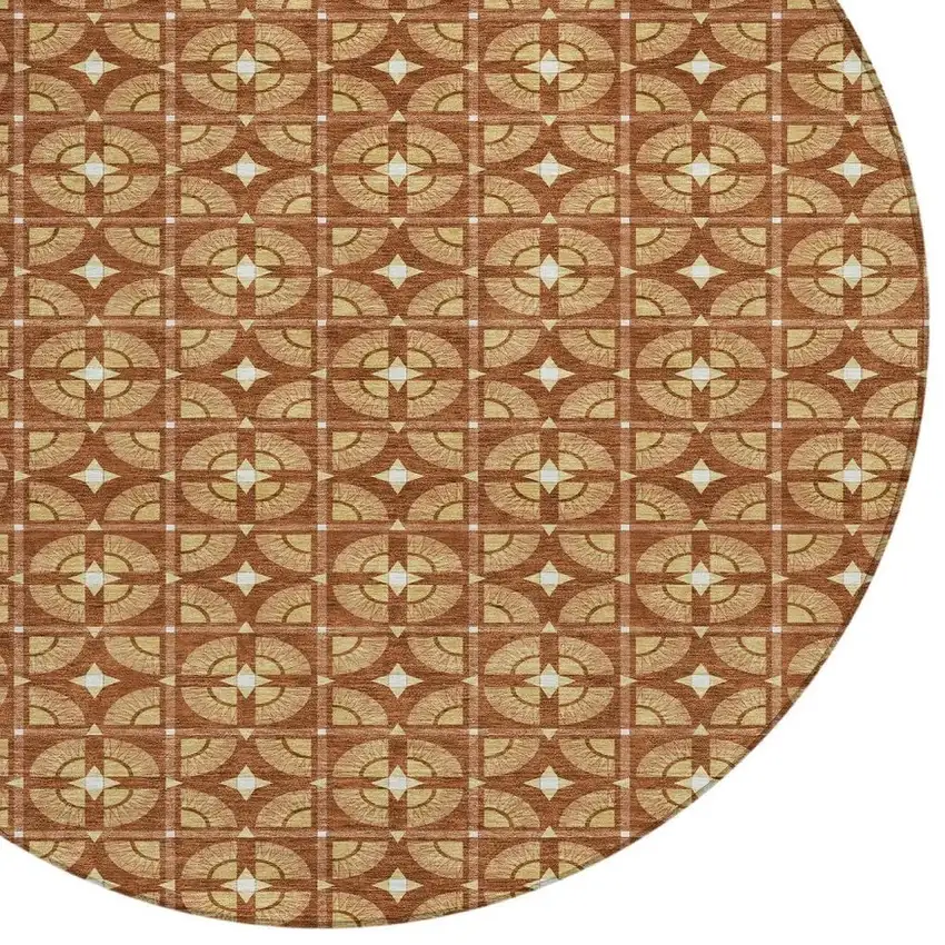 8' Orange And Copper Round Geometric Washable Indoor Outdoor Area Rug Photo 3