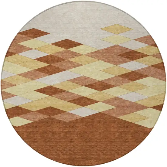 8' Orange And Copper Round Geometric Washable Indoor Outdoor Area Rug Photo 4