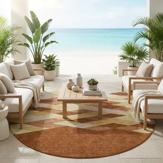 8' Orange And Copper Round Geometric Washable Indoor Outdoor Area Rug Photo 1