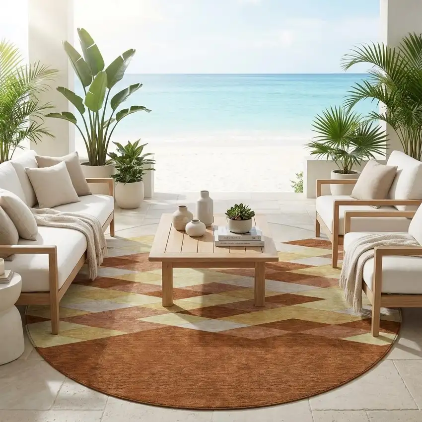 8' Orange And Copper Round Geometric Washable Indoor Outdoor Area Rug Photo 1