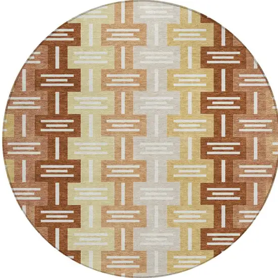 8' Orange And Copper Round Geometric Washable Indoor Outdoor Area Rug Photo 4