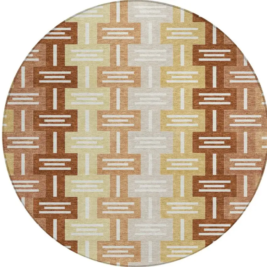 8' Orange And Copper Round Geometric Washable Indoor Outdoor Area Rug Photo 4