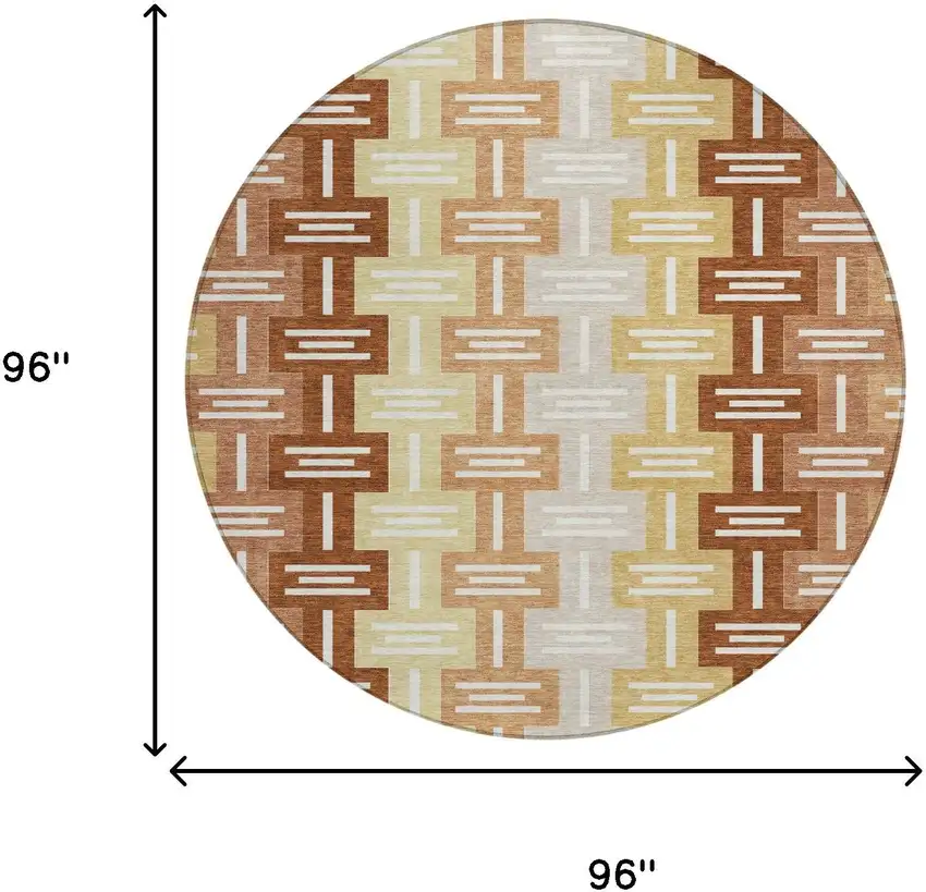 8' Orange And Copper Round Geometric Washable Indoor Outdoor Area Rug Photo 7