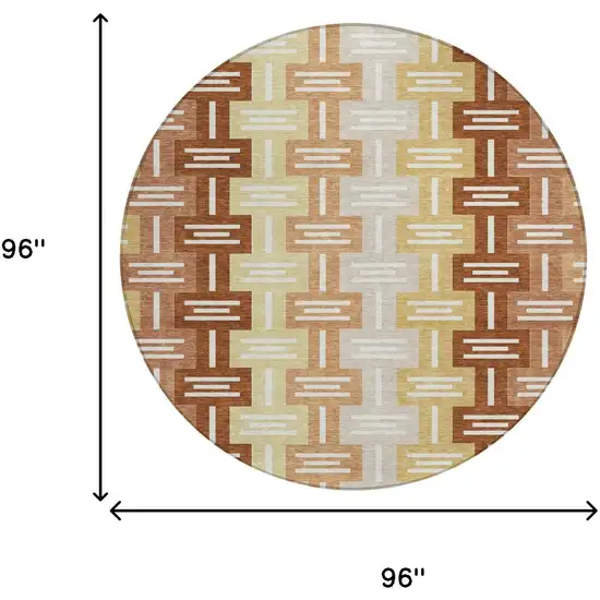 8' Orange And Copper Round Geometric Washable Indoor Outdoor Area Rug Photo 7
