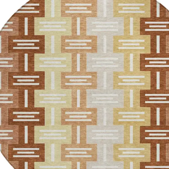 8' Orange And Copper Round Geometric Washable Indoor Outdoor Area Rug Photo 3