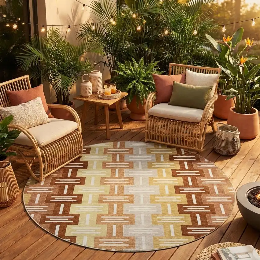 8' Orange And Copper Round Geometric Washable Indoor Outdoor Area Rug Photo 1