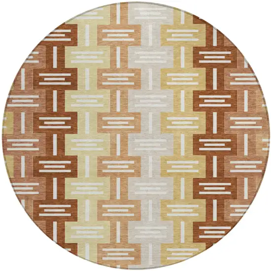8' Orange And Copper Round Geometric Washable Indoor Outdoor Area Rug Photo 2