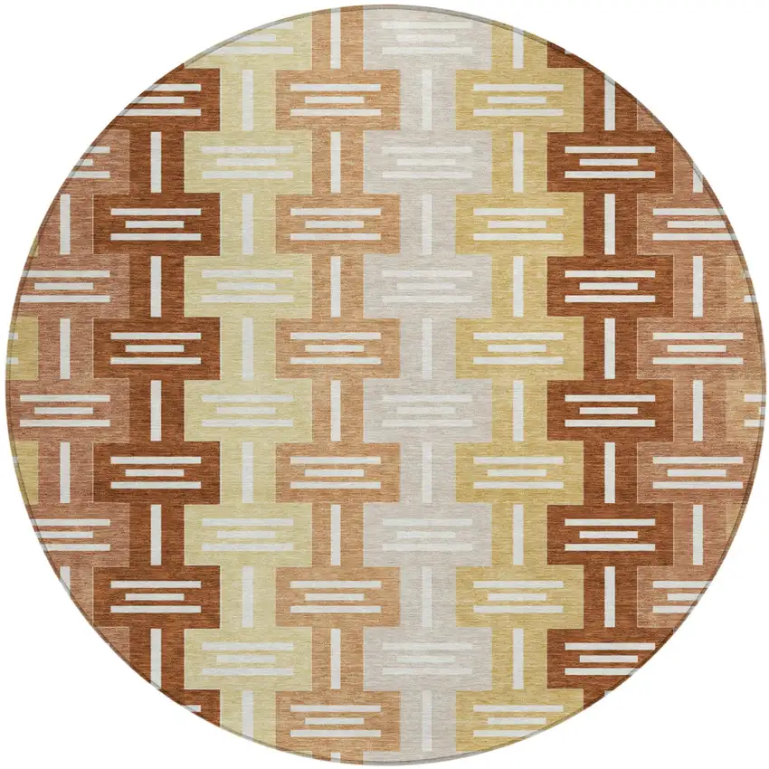 8' Orange And Copper Round Geometric Washable Indoor Outdoor Area Rug Photo 2