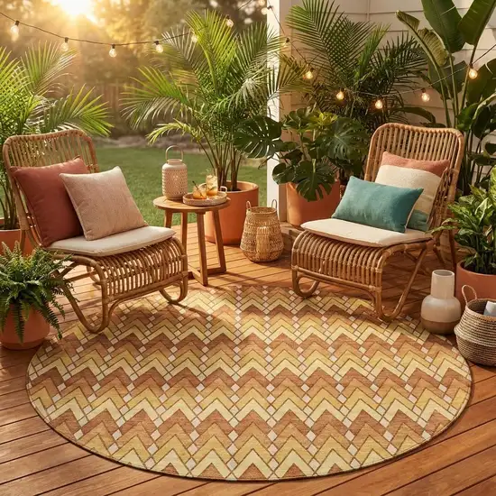 8' Orange And Copper Round Geometric Washable Indoor Outdoor Area Rug Photo 1