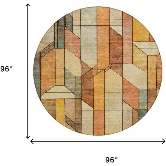 8' Orange And Copper Round Geometric Washable Indoor Outdoor Area Rug Photo 8