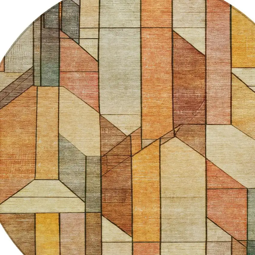 8' Orange And Copper Round Geometric Washable Indoor Outdoor Area Rug Photo 4