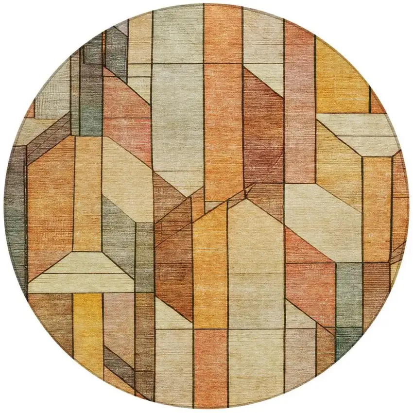 8' Orange And Copper Round Geometric Washable Indoor Outdoor Area Rug Photo 3