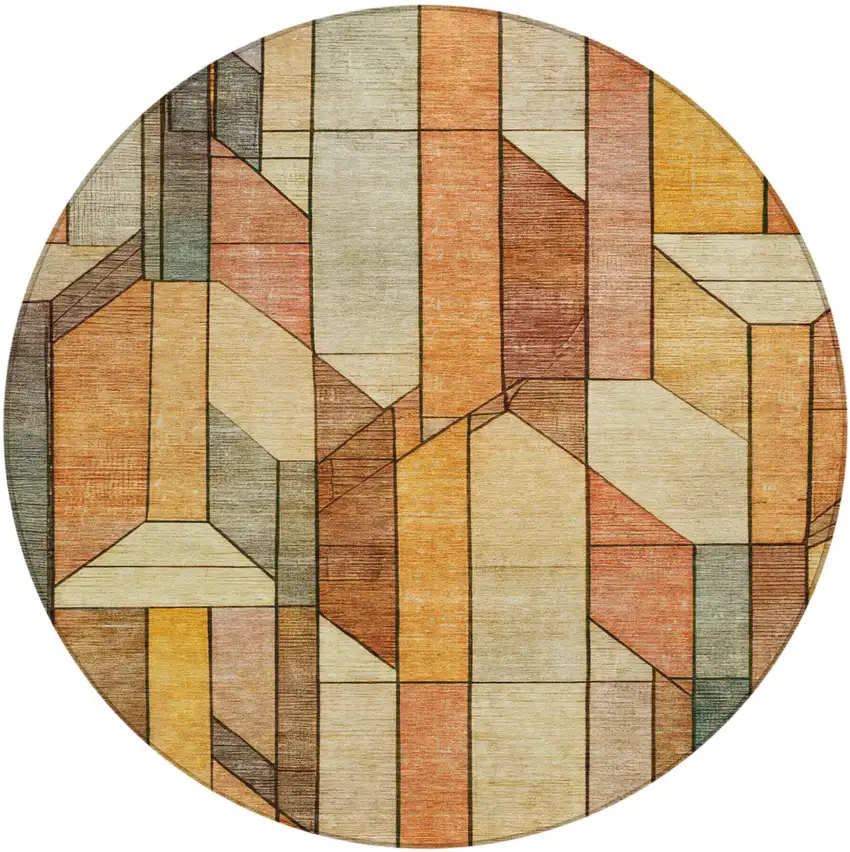 8' Orange And Copper Round Geometric Washable Indoor Outdoor Area Rug Photo 1
