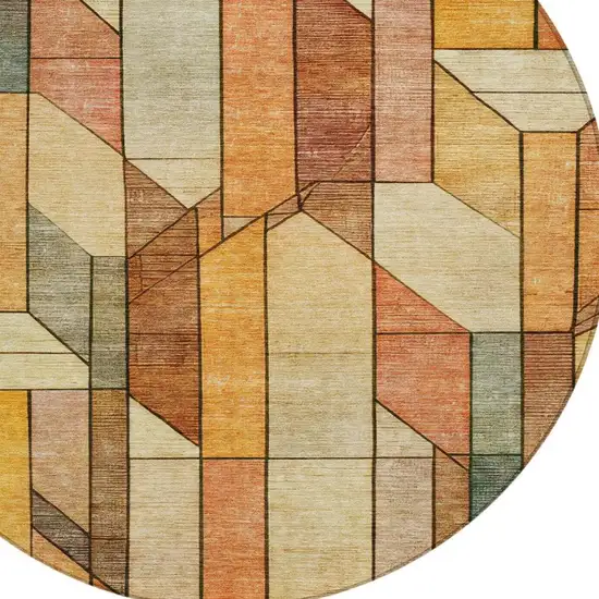 8' Orange And Copper Round Geometric Washable Indoor Outdoor Area Rug Photo 5
