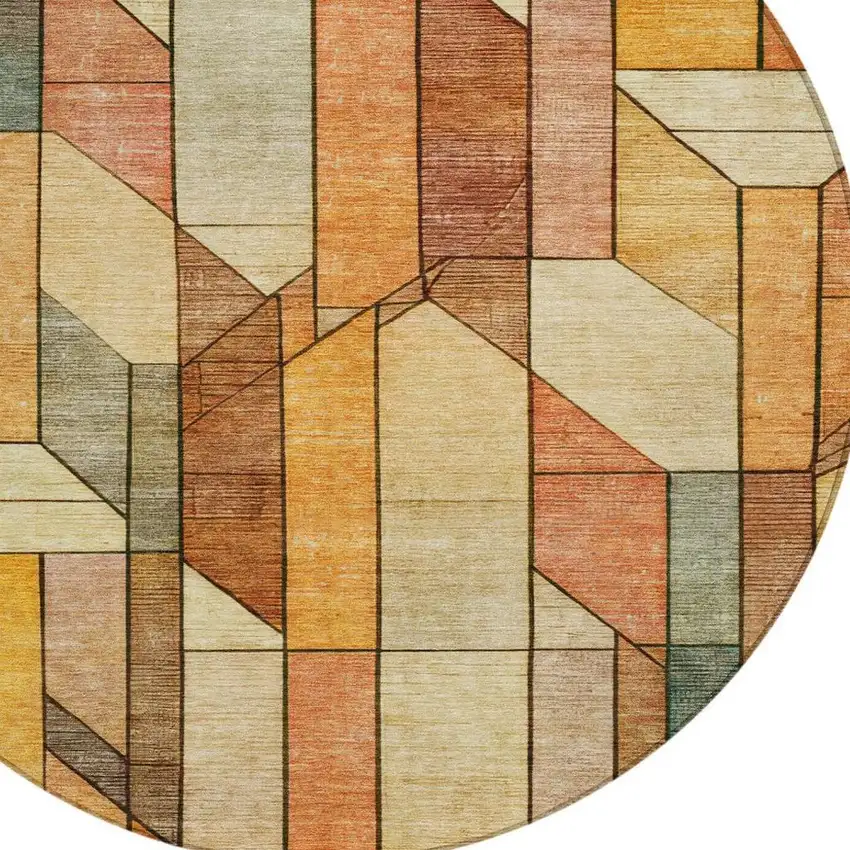 8' Orange And Copper Round Geometric Washable Indoor Outdoor Area Rug Photo 5