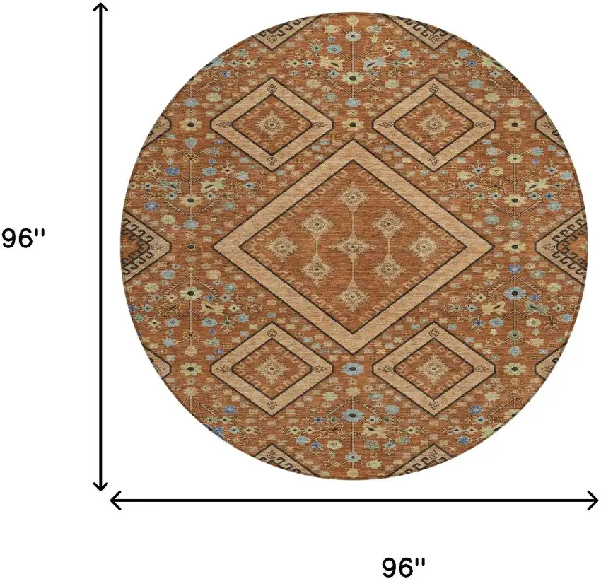 8' Orange And Copper Round Medallion Washable Indoor Outdoor Area Rug Photo 7