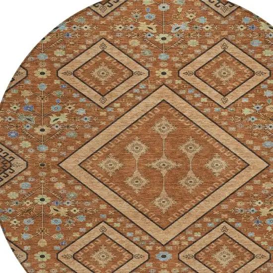 8' Orange And Copper Round Medallion Washable Indoor Outdoor Area Rug Photo 2