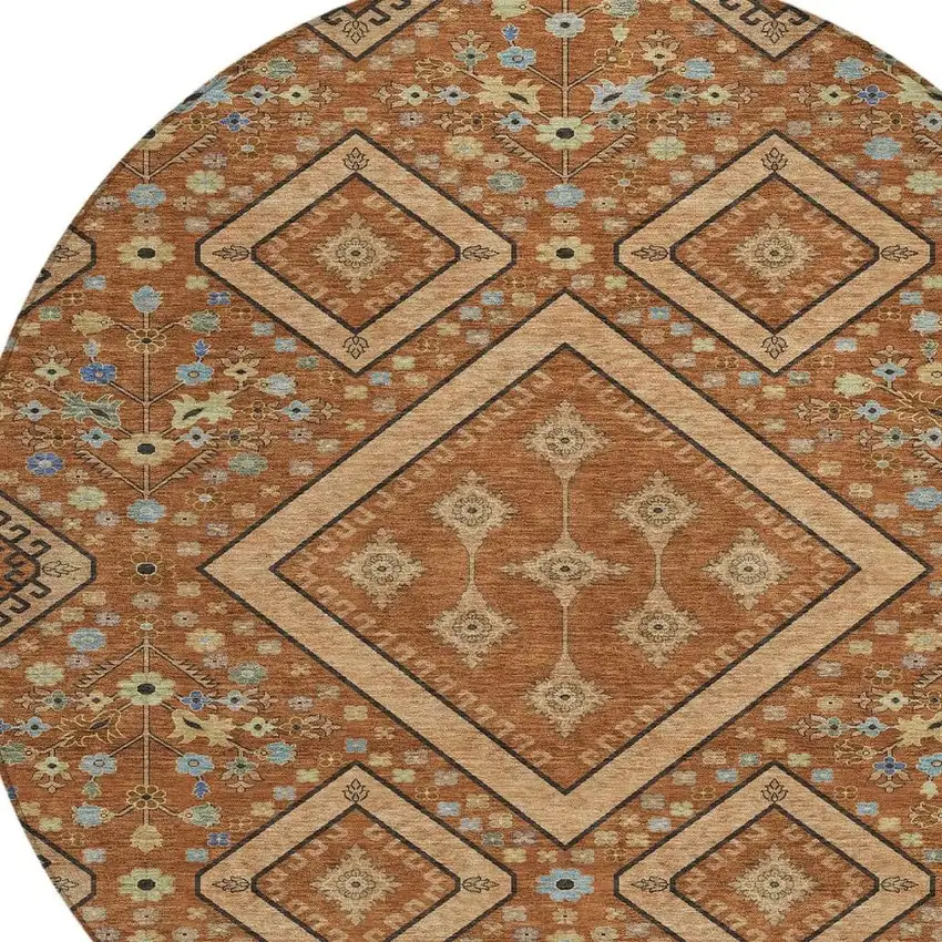8' Orange And Copper Round Medallion Washable Indoor Outdoor Area Rug Photo 2