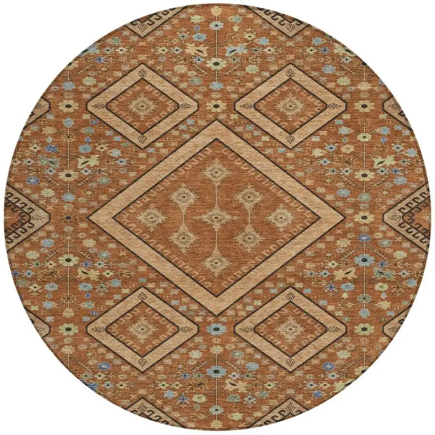 8' Orange And Copper Round Medallion Washable Indoor Outdoor Area Rug Photo 3