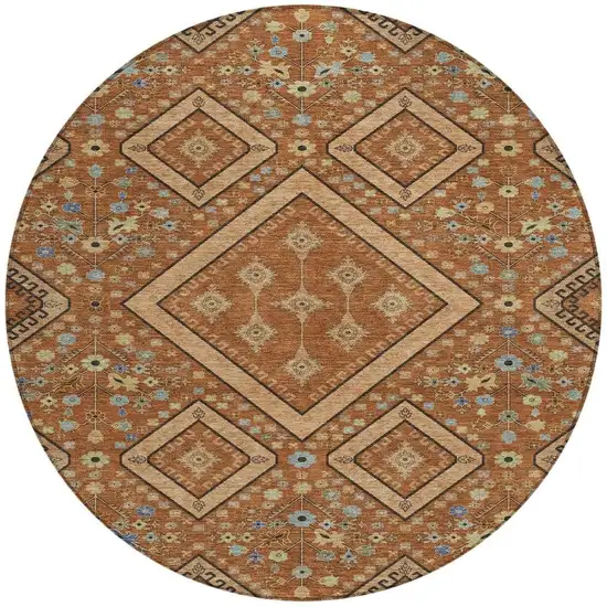 8' Orange And Copper Round Medallion Washable Indoor Outdoor Area Rug Photo 3