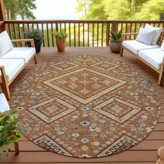 8' Orange And Copper Round Medallion Washable Indoor Outdoor Area Rug Photo 4