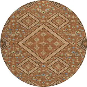 Photo of 8' Orange And Copper Round Medallion Washable Indoor Outdoor Area Rug