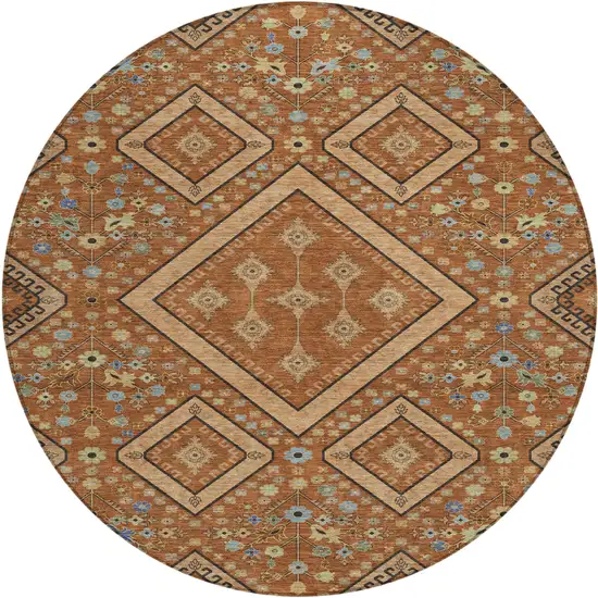 8' Orange And Copper Round Medallion Washable Indoor Outdoor Area Rug Photo 1