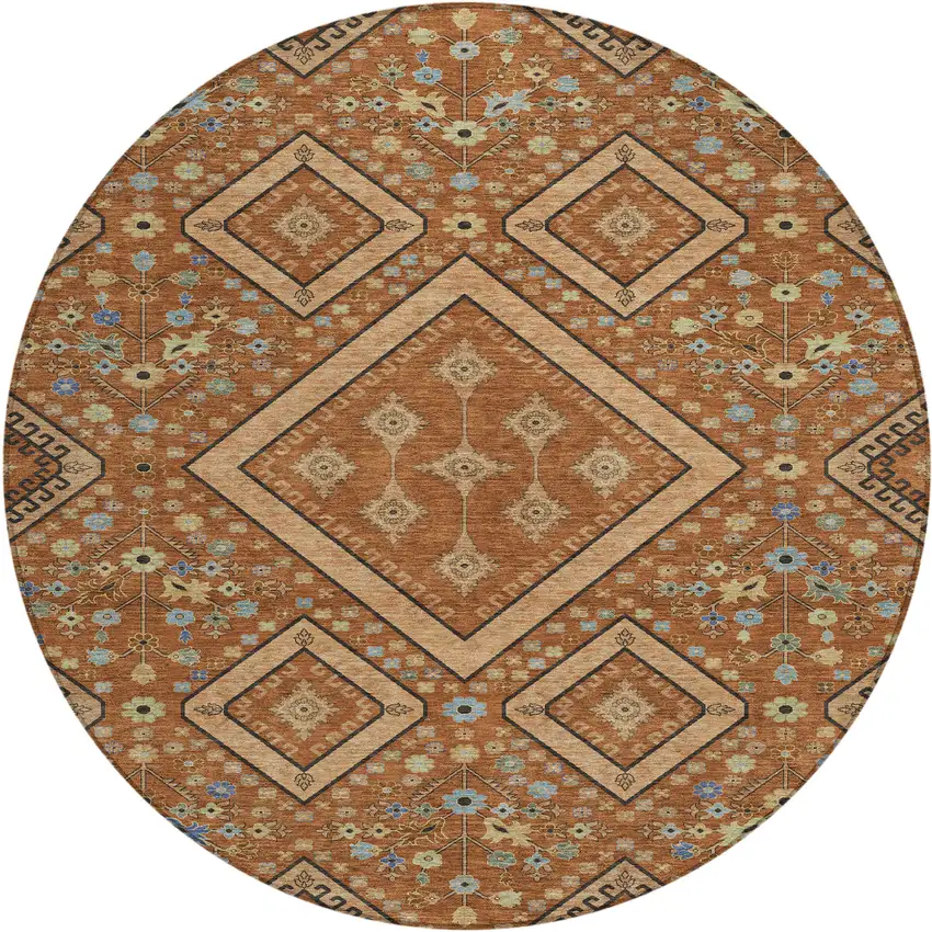 8' Orange And Copper Round Medallion Washable Indoor Outdoor Area Rug Photo 1