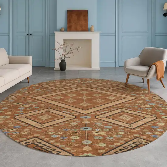 8' Orange And Copper Round Medallion Washable Indoor Outdoor Area Rug Photo 5