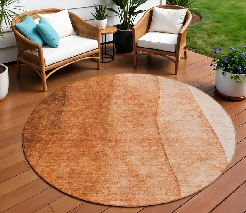 8' Orange And Copper Round Ombre Washable Indoor Outdoor Area Rug Photo 1