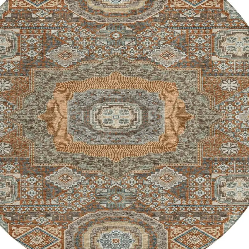 8' Orange And Copper Round Oriental Washable Indoor Outdoor Area Rug Photo 3