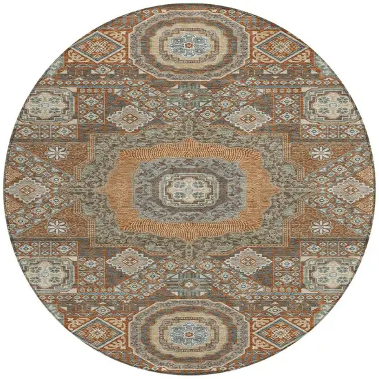 8' Orange And Copper Round Oriental Washable Indoor Outdoor Area Rug Photo 4