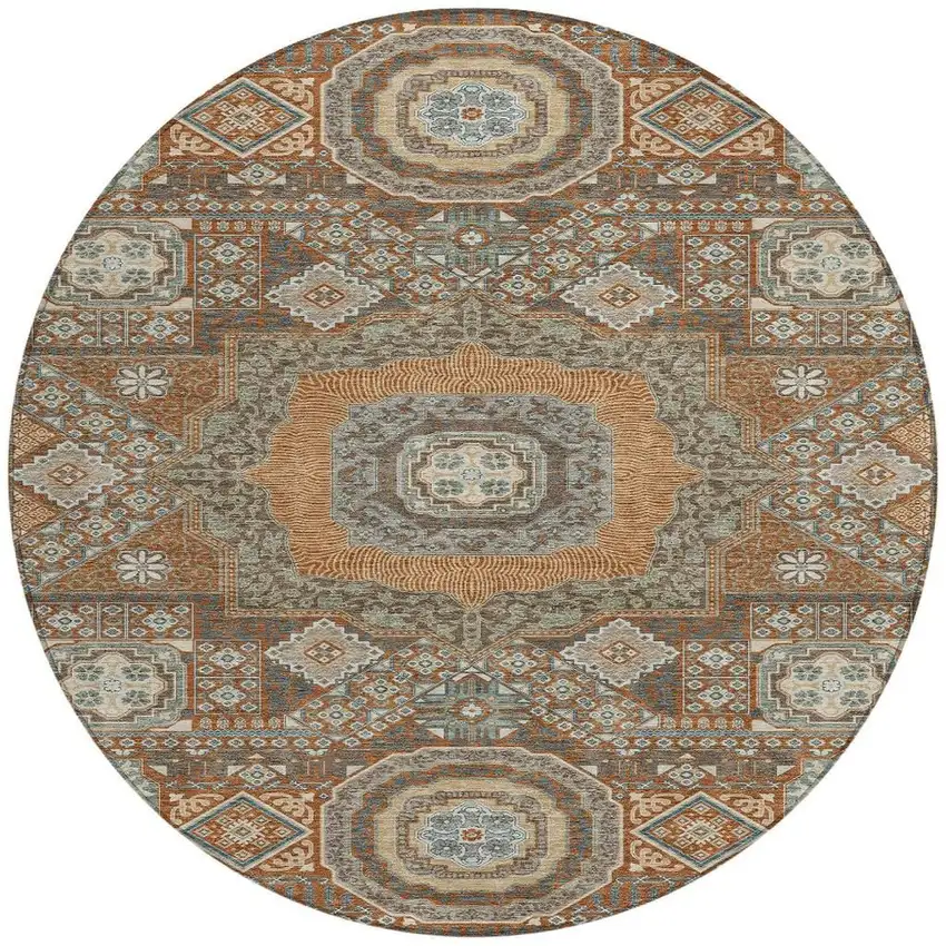 8' Orange And Copper Round Oriental Washable Indoor Outdoor Area Rug Photo 4