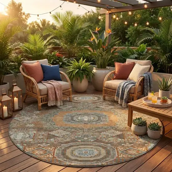 8' Orange And Copper Round Oriental Washable Indoor Outdoor Area Rug Photo 1