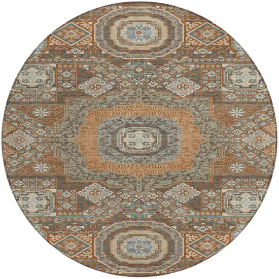 8' Orange And Copper Round Oriental Washable Indoor Outdoor Area Rug Photo 2