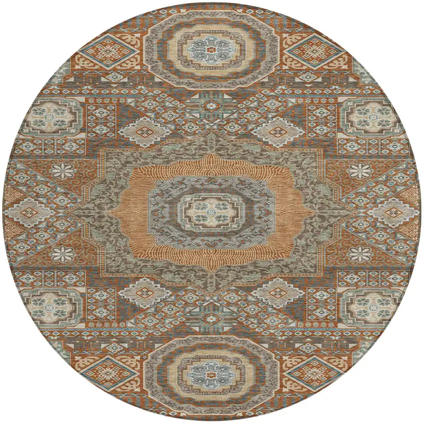 8' Orange And Copper Round Oriental Washable Indoor Outdoor Area Rug Photo 2