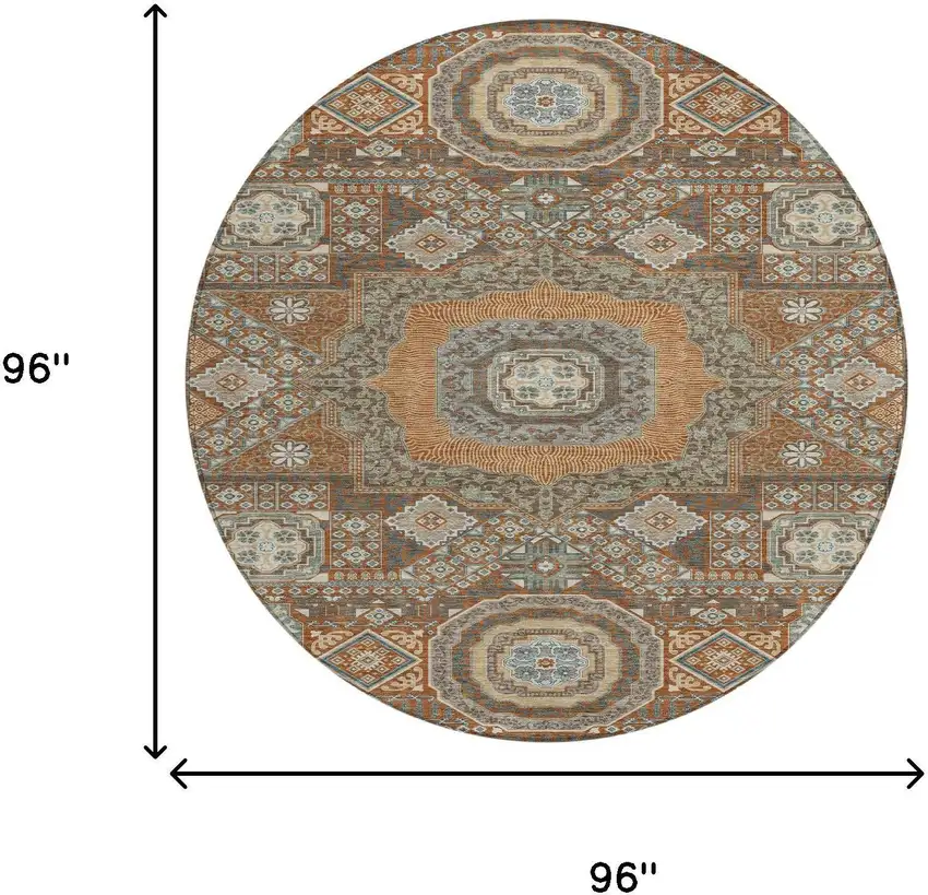 8' Orange And Copper Round Oriental Washable Indoor Outdoor Area Rug Photo 7