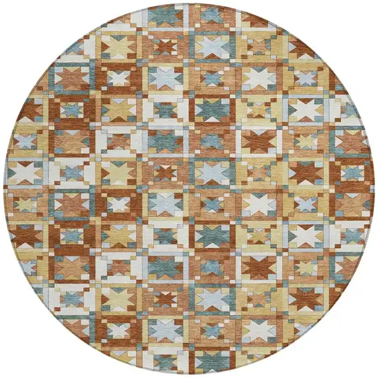 8' Orange And Copper Round Patchwork Washable Indoor Outdoor Area Rug Photo 4